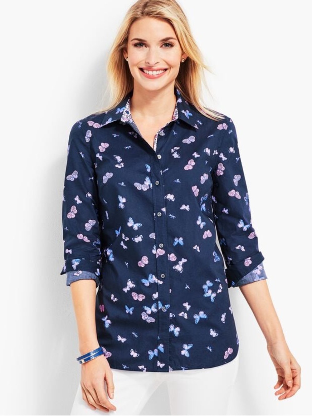 Talbots Navy Button-Down Shirt with Pink & Light Blue Butterfly Print